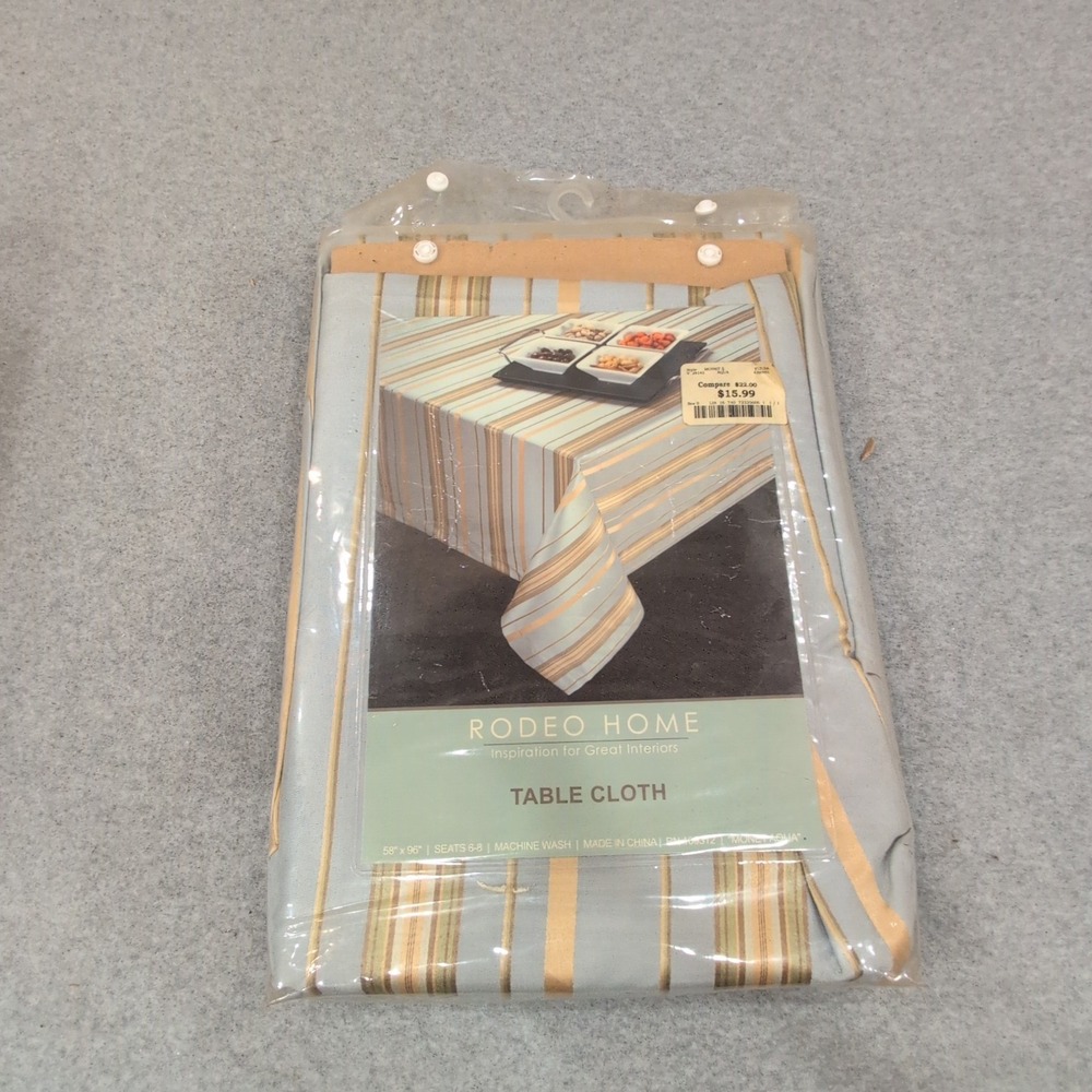 Rodeo Home Table Cloth Rectangular Striped Moss Aqua Tan Seats 6-8 New